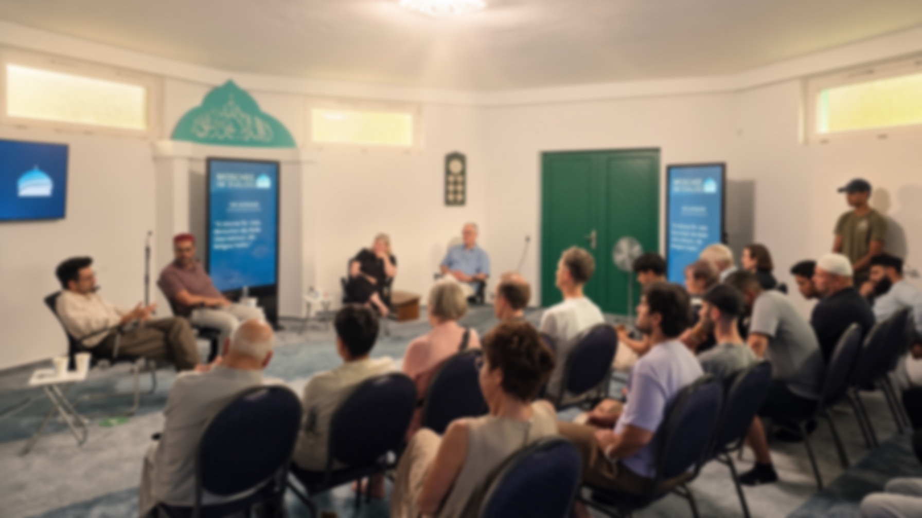 Dialogveranstaltung mit Publikum im Gebetsraum der Nuur-Moschee
